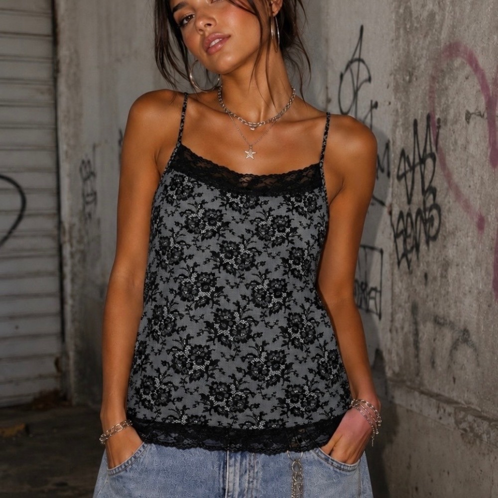Y2K Slinky Knit Floral White Black Lace Cami M Adjustable Dark Romantic Fairy